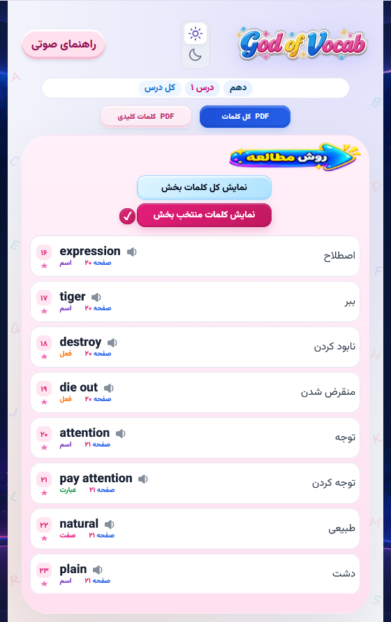 فهرست واژگان درس همراه معنی و تلفظ در اپلیکیشن God of Vocab